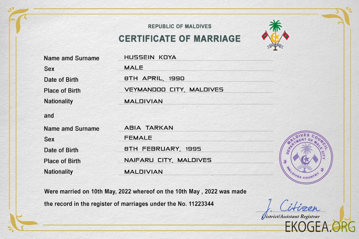 Modèle PSD de certificat de mariage des Maldives